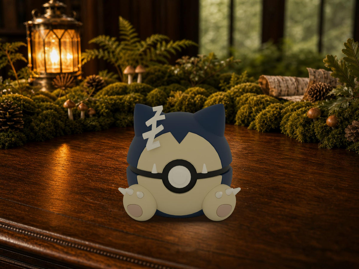 Snorlax N3D Poké Ball #0143 on a woodland study desk, 3D printed Pokeball clicker