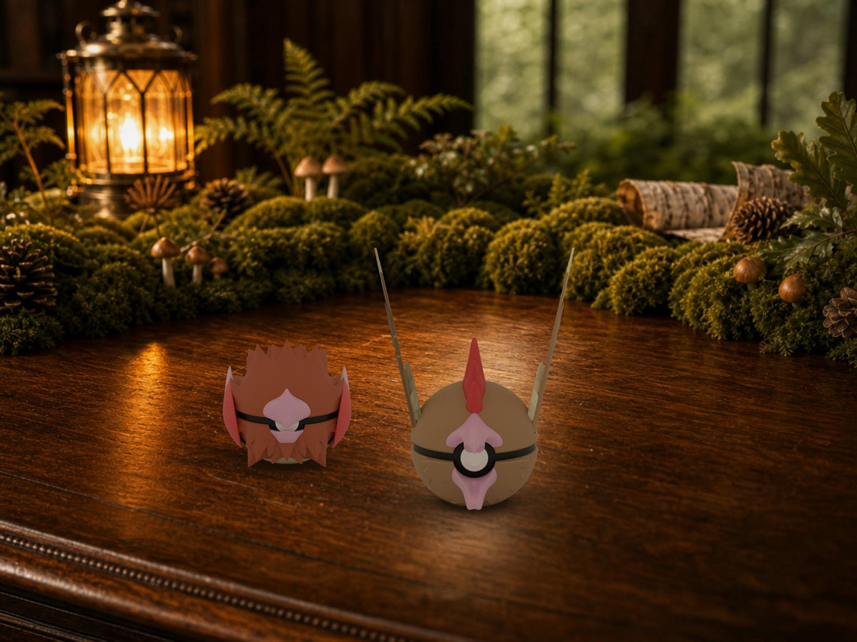 Spearow and Fearow N3D Poké Balls on a woodland study desk, 3D printed Pokeball clicker evolution line