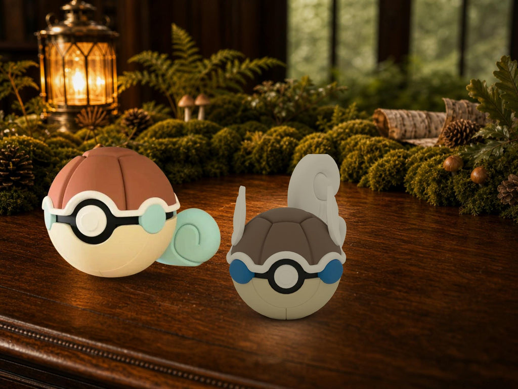 Squirtle and Wartortle N3D Poké Balls on a woodland study desk, 3D printed Pokeball clicker evolution line