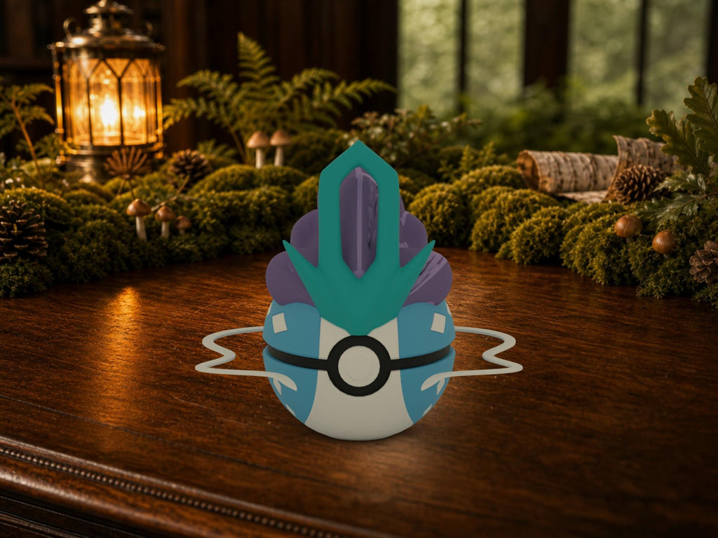 Suicune N3D Poké Ball #0245 on a woodland study desk, 3D printed Pokeball clicker