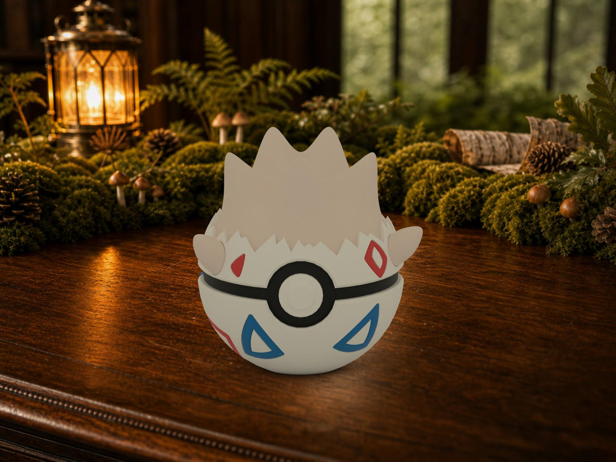 Togepi N3D Poké Ball #0175 on a woodland study desk, 3D printed Pokeball clicker