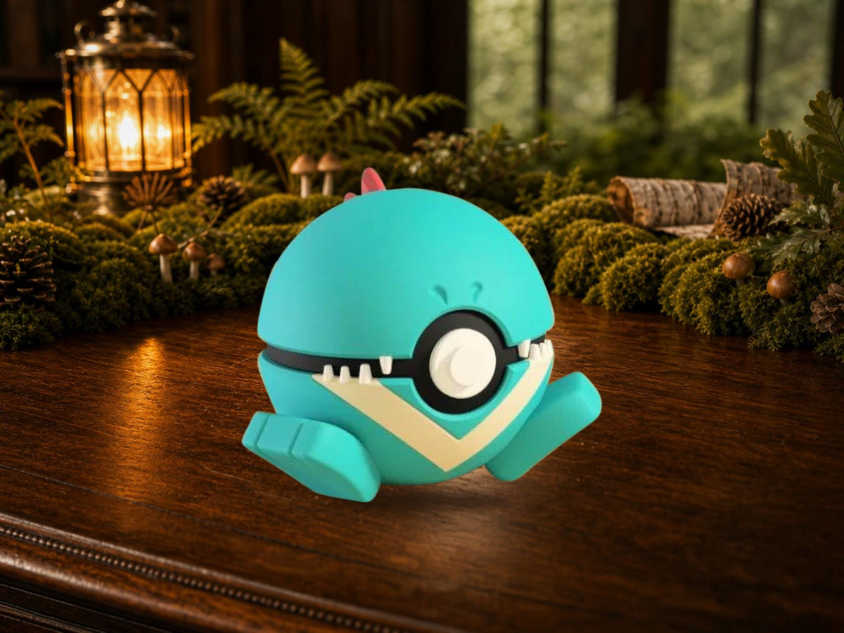 Totodile N3D Poké Ball #0158 on a woodland study desk, 3D printed Pokeball clicker