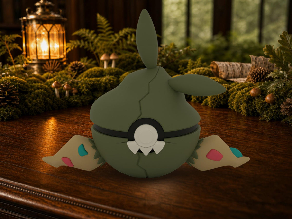Trubbish N3D Poké Ball #0568 on a woodland study desk, 3D printed Pokeball clicker