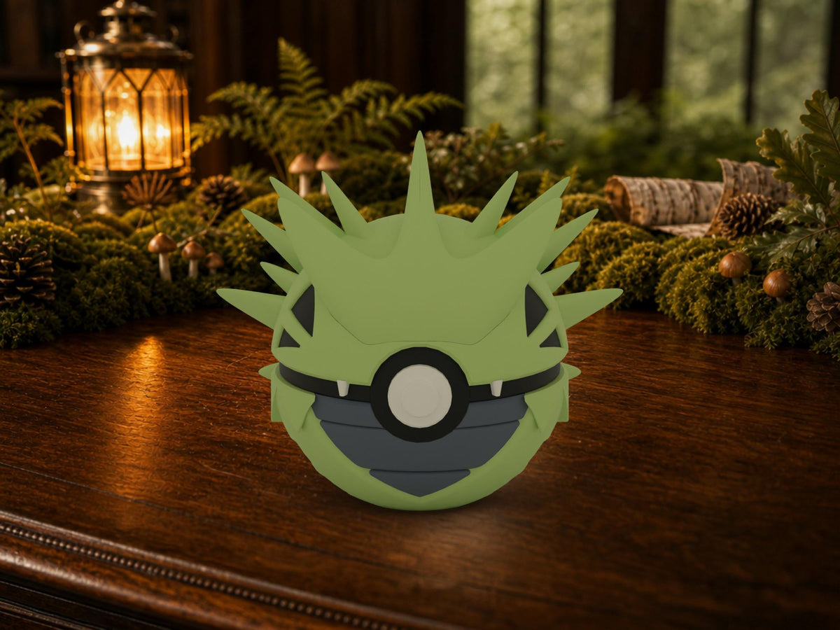 Tyranitar N3D Poké Ball #0248 on a woodland study desk, 3D printed Pokeball clicker