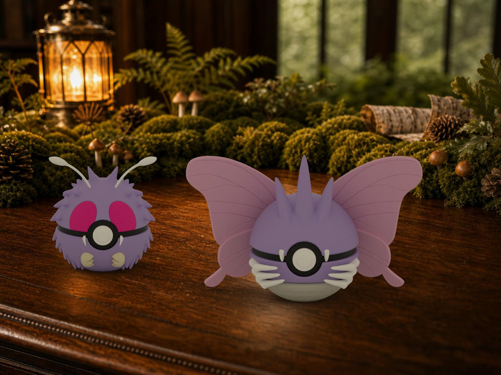 Venonat and Venomoth N3D Poké Balls on a woodland study desk, 3D printed Pokeball clicker evolution line