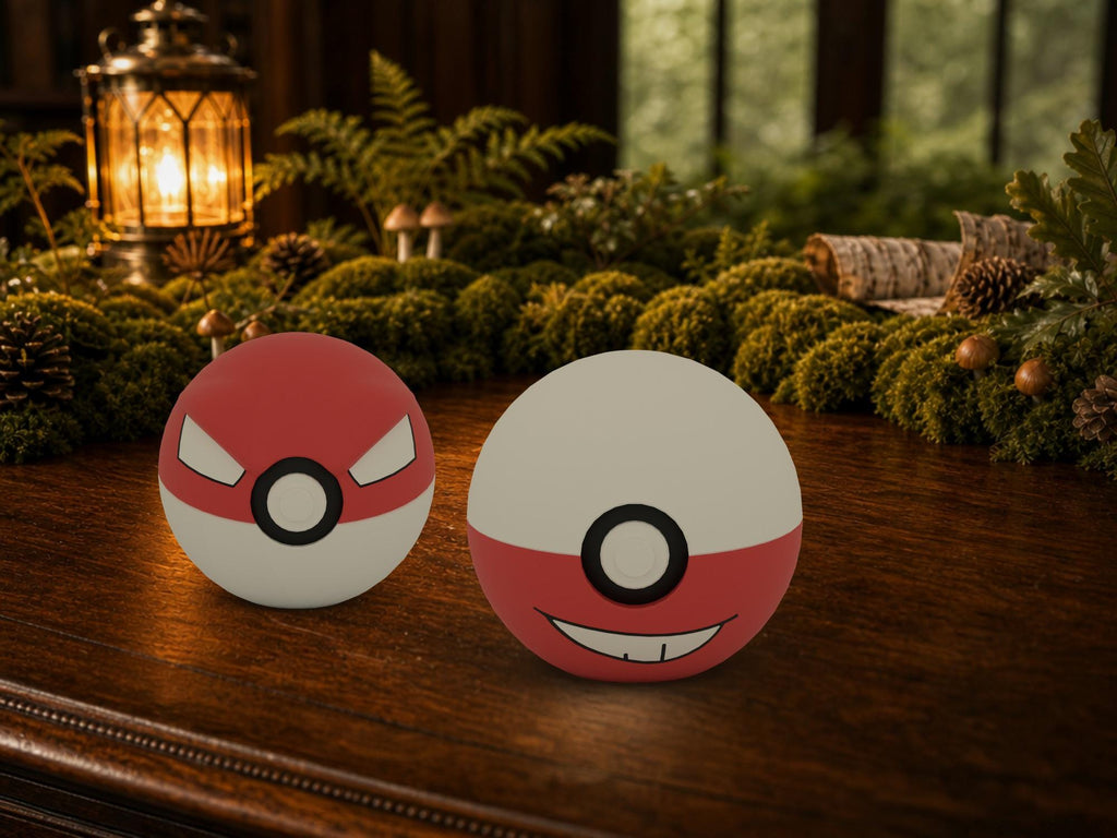 Voltorb and Electrode N3D Poké Balls on a woodland study desk, 3D printed Pokeball clicker evolution line