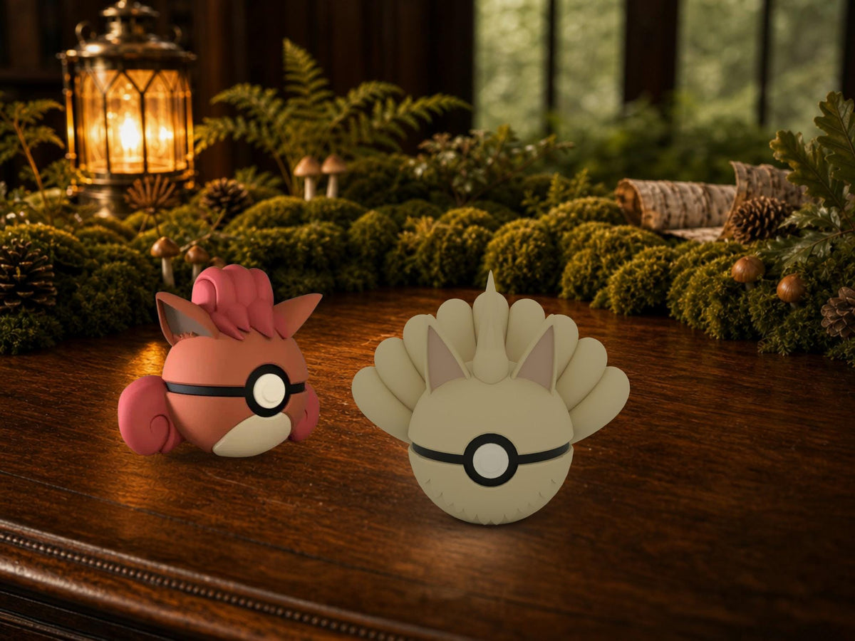 Vulpix and Ninetales N3D Poké Balls on a woodland study desk, 3D printed Pokeball clicker evolution line