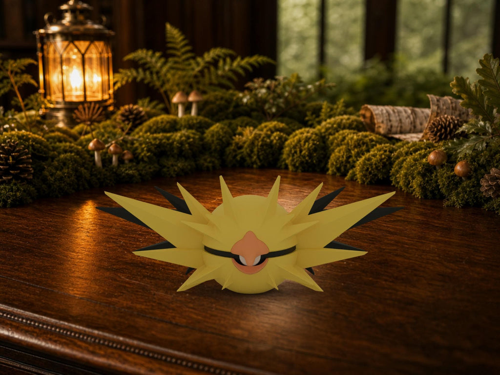 Zapdos N3D Poké Ball #0145 on a woodland study desk, 3D printed Pokeball clicker