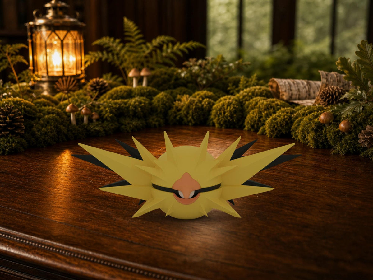 Zapdos N3D Poké Ball #0145 on a woodland study desk, 3D printed Pokeball clicker